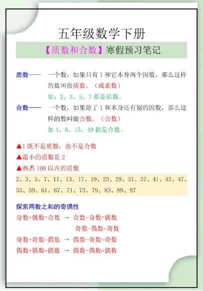 1页！五年级数学下册【质数和合数】寒假预习笔记