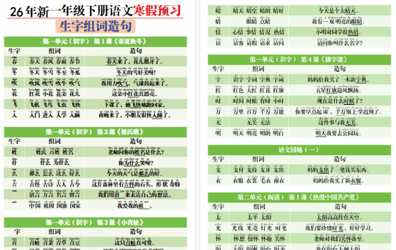 【2026春13页完整版】一(下)语文寒假预习生字组词造句