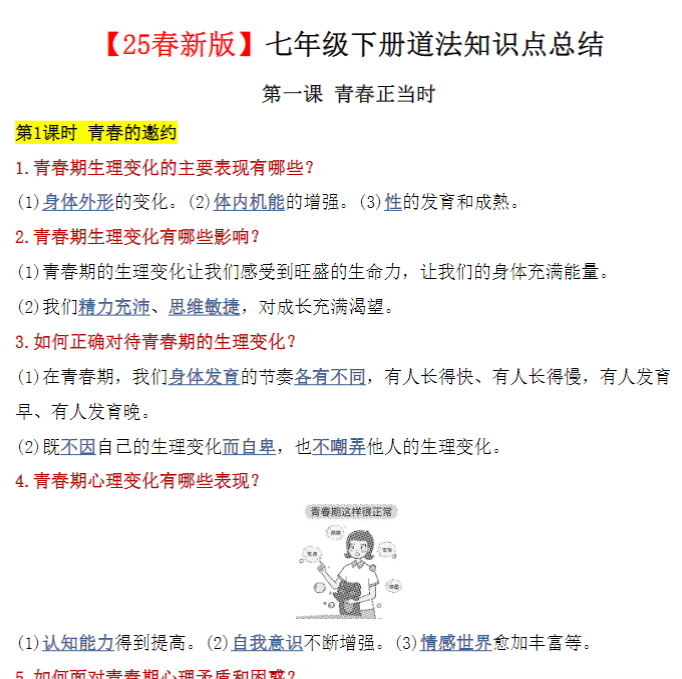 19页!【2025春新版】七年级下册道法知识点总结