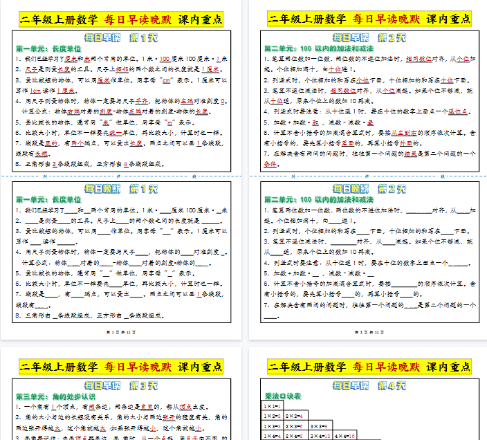 【11页完整版】二上数学 人教版每日晨读晚默-重点知识点