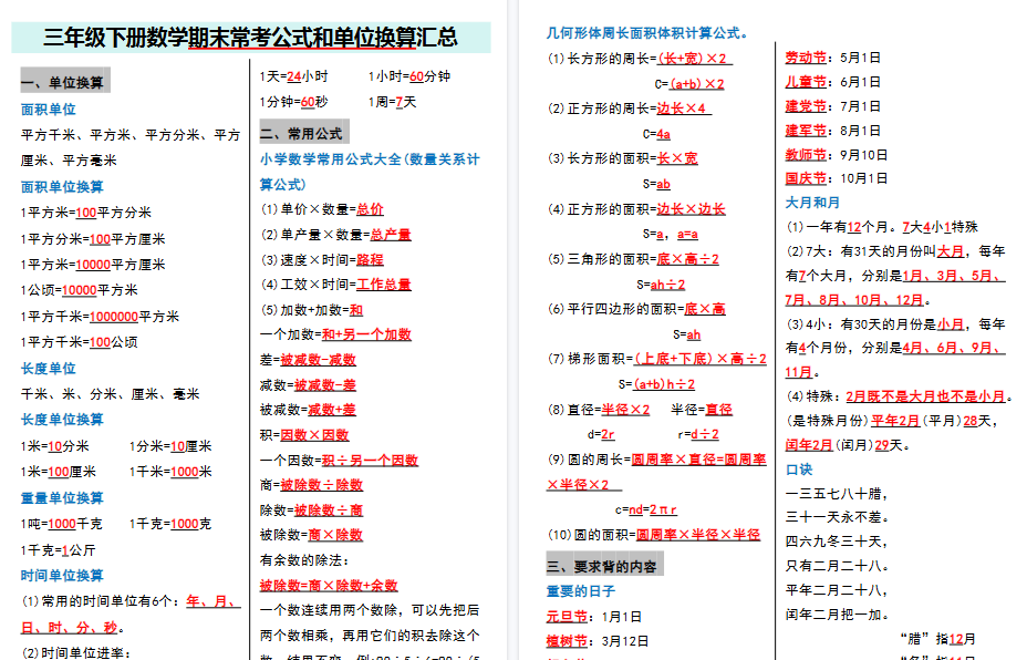 【5页高清完整版】三（下）数学期末常考公式和单位换算汇总