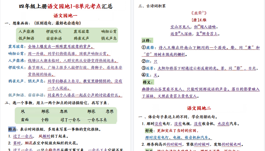 【15页高清完整版】26秋四年级(上)语文园地1-8单元考点汇总