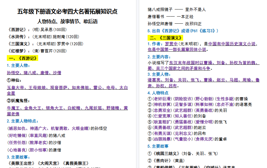 【5页高清完整版】五年级下册语文必考四大名著拓展知识点