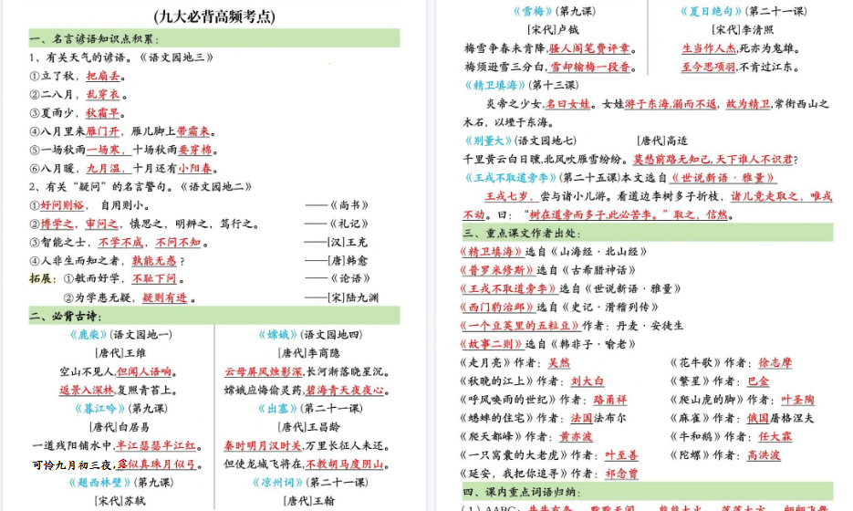 【12页高清完整版】【四上语文全册常考知识点汇总】