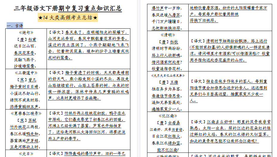 【27页高清完整版】三（下）语文期中复习重点知识汇总-14大高频考点