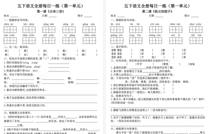 【53页高清版】五下语文【全册一课一练 含答案】