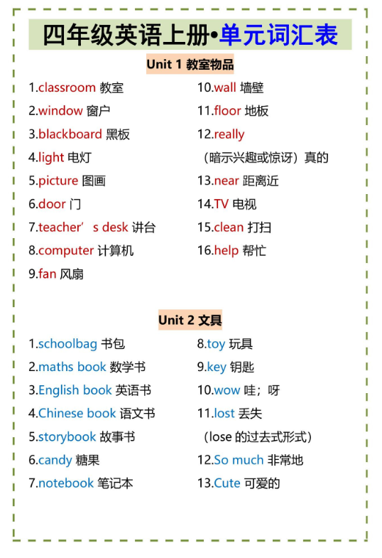 3页!四年级英语上册•单元词汇表