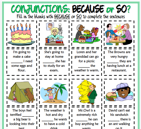 【2页高清彩色版】conjunctions because or so esl printable gap fill exercise for kids【完整可直接打印】语法作业纸63套