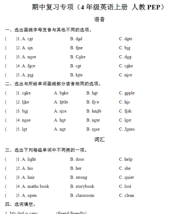期中复习专项（4年级英语上册 人教版）