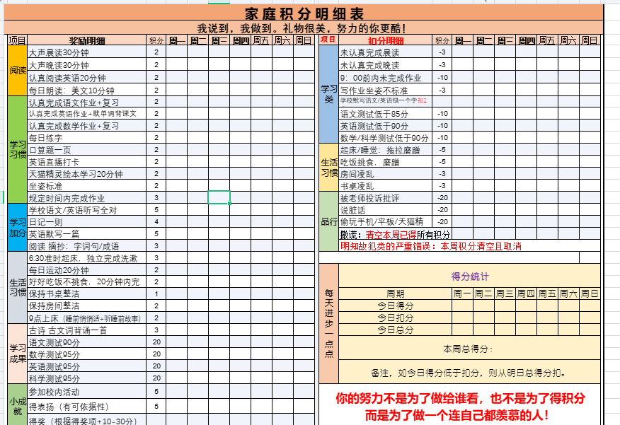 【新版】家庭积分明细表模板【高清无水印】