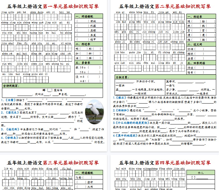 【8页完整版】26秋五年级上册语文1-8单元基础知识默写单