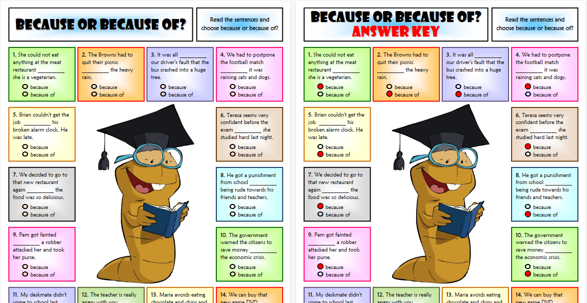 【2页高清彩色版】because or because of esl multiple choice questions worksheet【完整可直接打印】语法作业纸63套