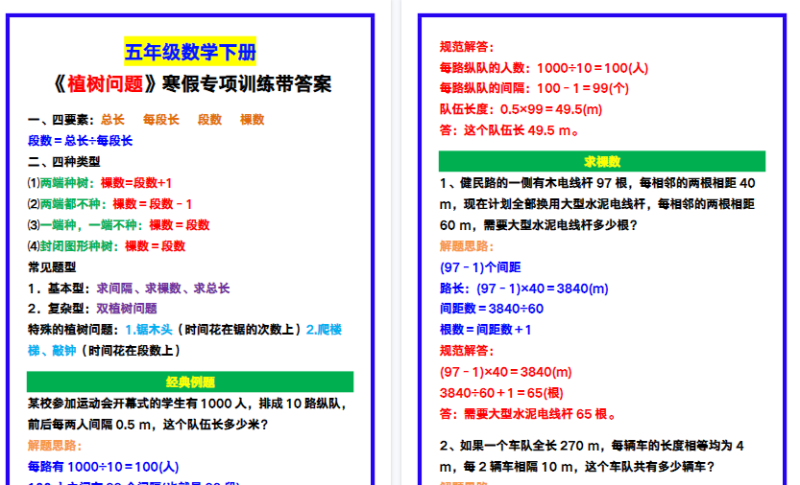 【2026寒假4页】五年级数学下册《植树问题》寒假专项训练!