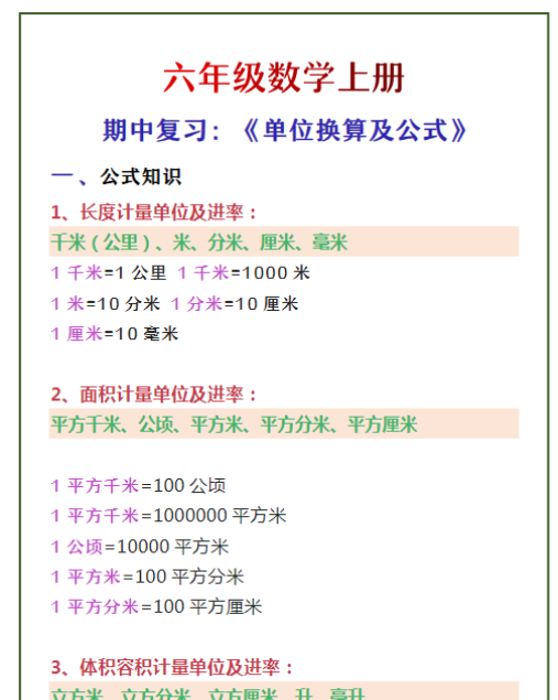 六年级数学上册 期中复习:《单位换算及公式》