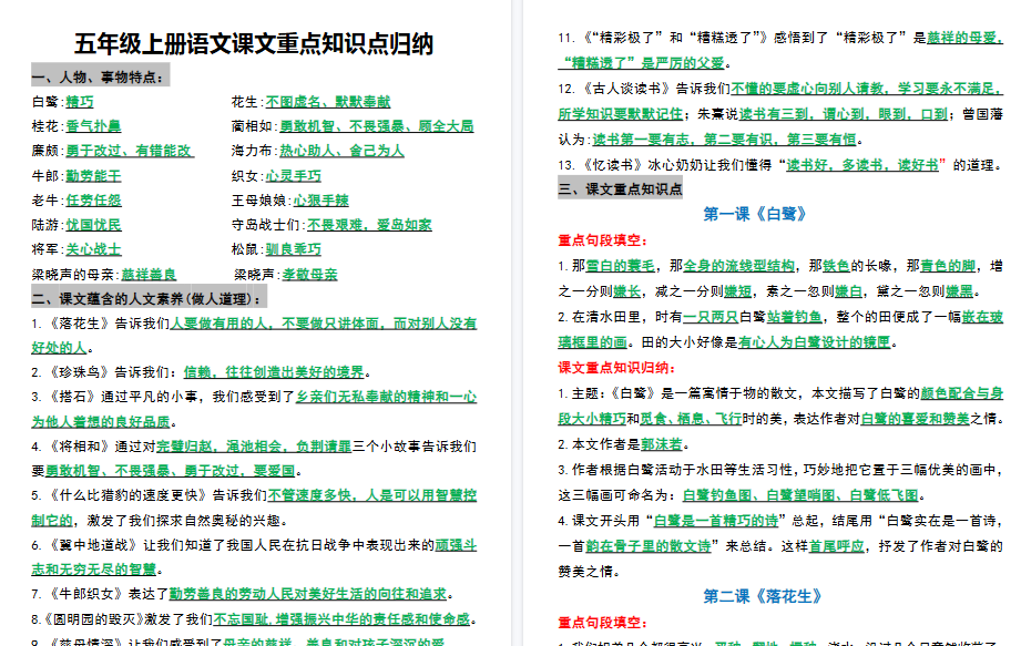【20页高清完整版】五上语文【各单元必背知识点】
