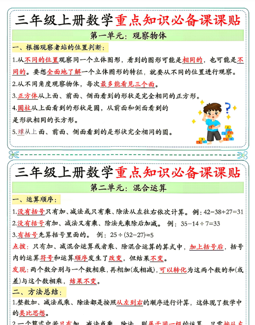 【6页完整版】26秋3年级数学上册《单元重点知识必备课课贴》人教