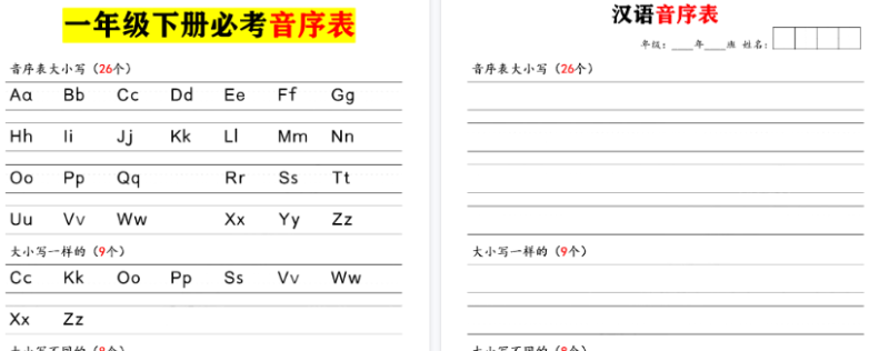 【2026春2页完整版】一（下）语文：汉语音序表默写_