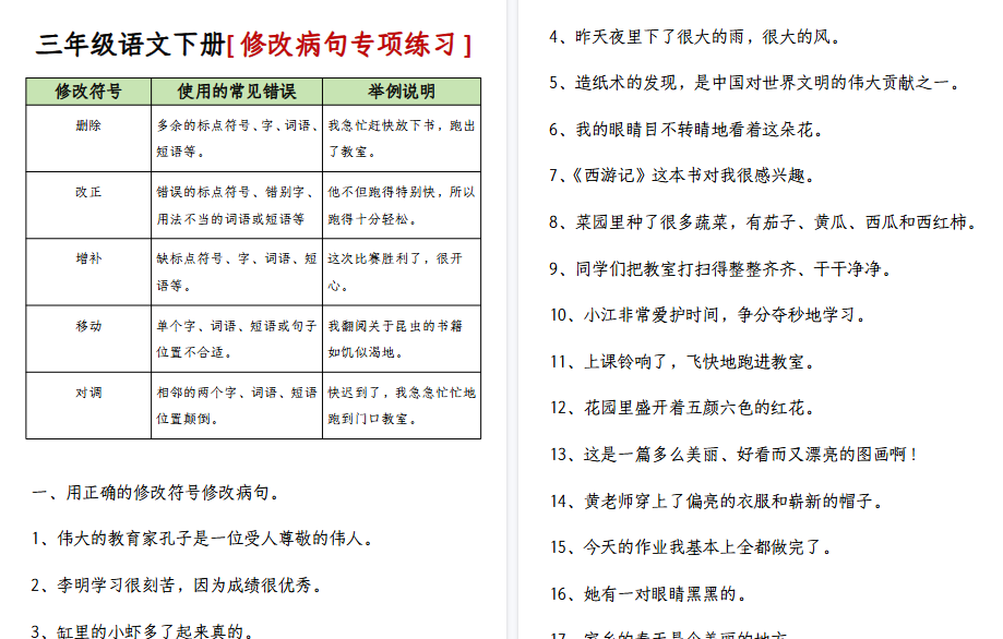 【12页高清完整版】三（下）语文 修改病句专项练习-附答案