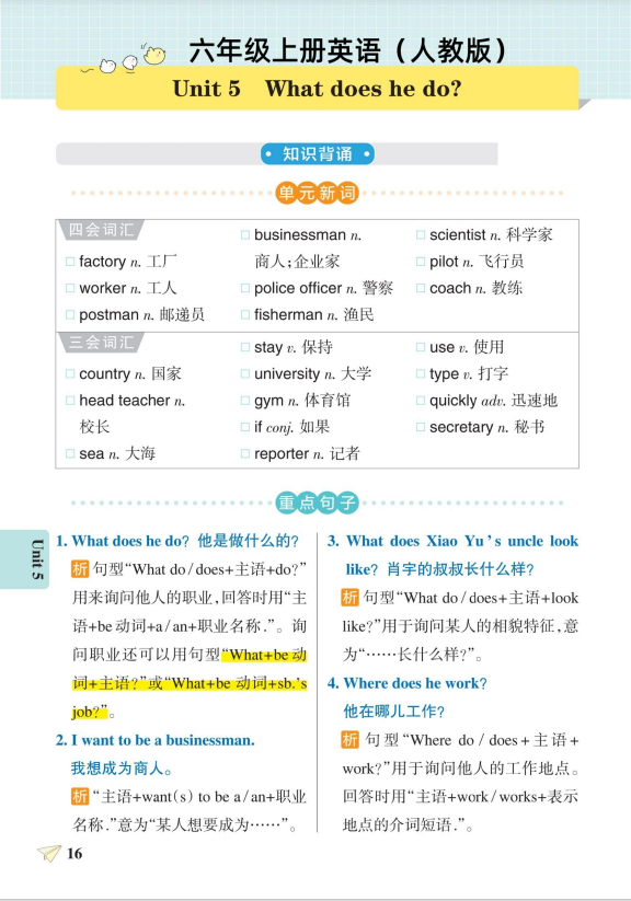 5页！六年级上册英语Unit5知识点汇总(人教版)