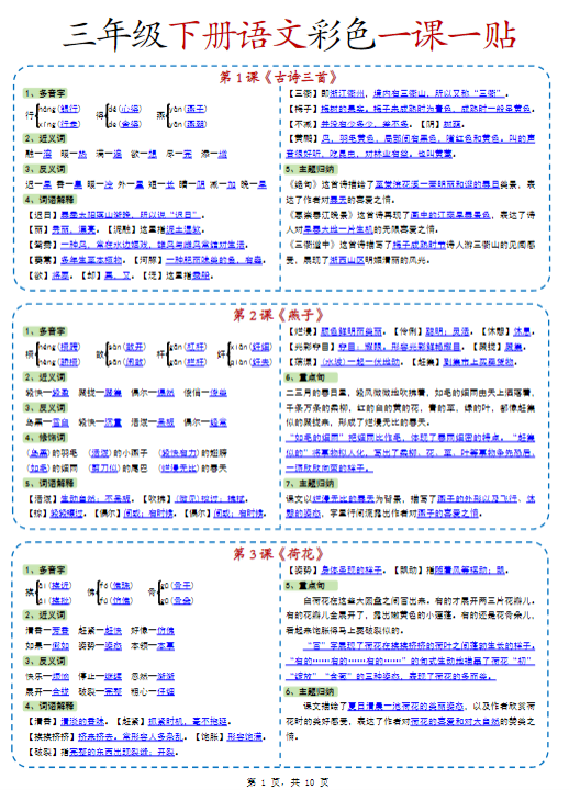 《2025春新课改新版三下语文彩色一课一贴》（课内重点课课贴）10页