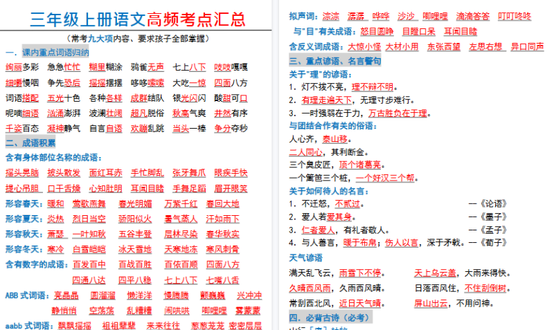 【2026高清22页】三(上)语文全册高频考点