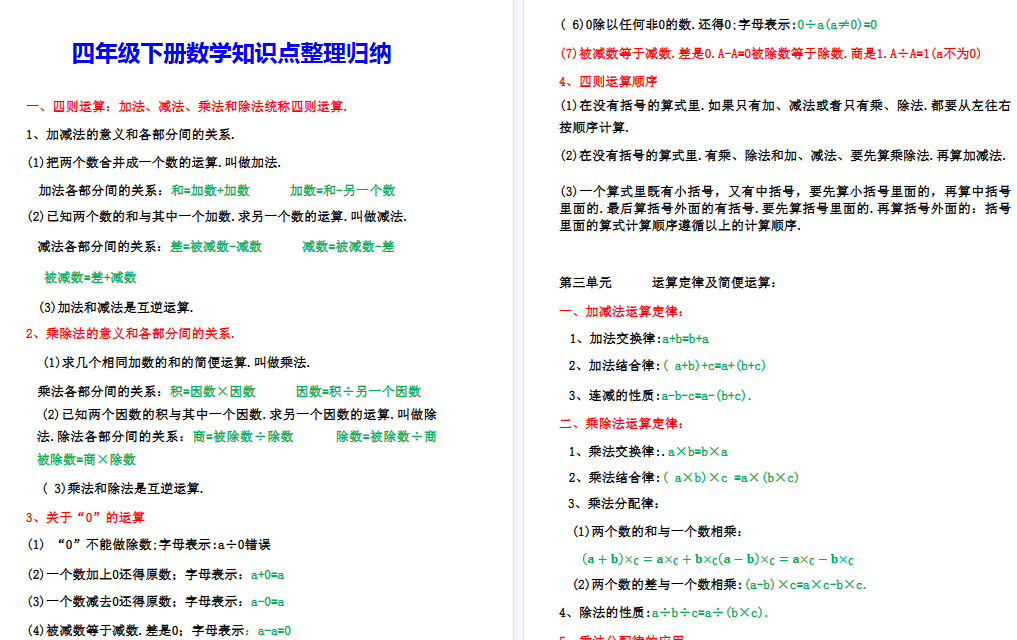 【8页高清完整版】四年级（下）数学知识点整理归纳