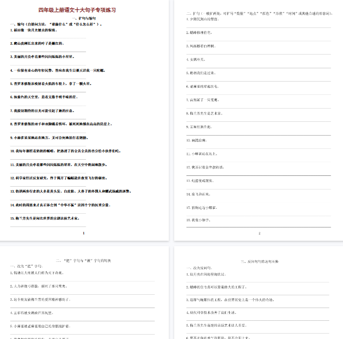 【14页完整版】四年级上册语文十大句子专项练习.pdf
