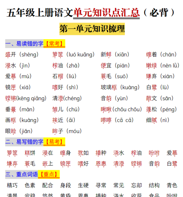 五年级上册语文1-8单元单元知识点归纳梳理