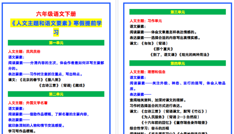 【2026寒假4页】六年级语文下册《人文主题和语文要素》，寒假提前学习！