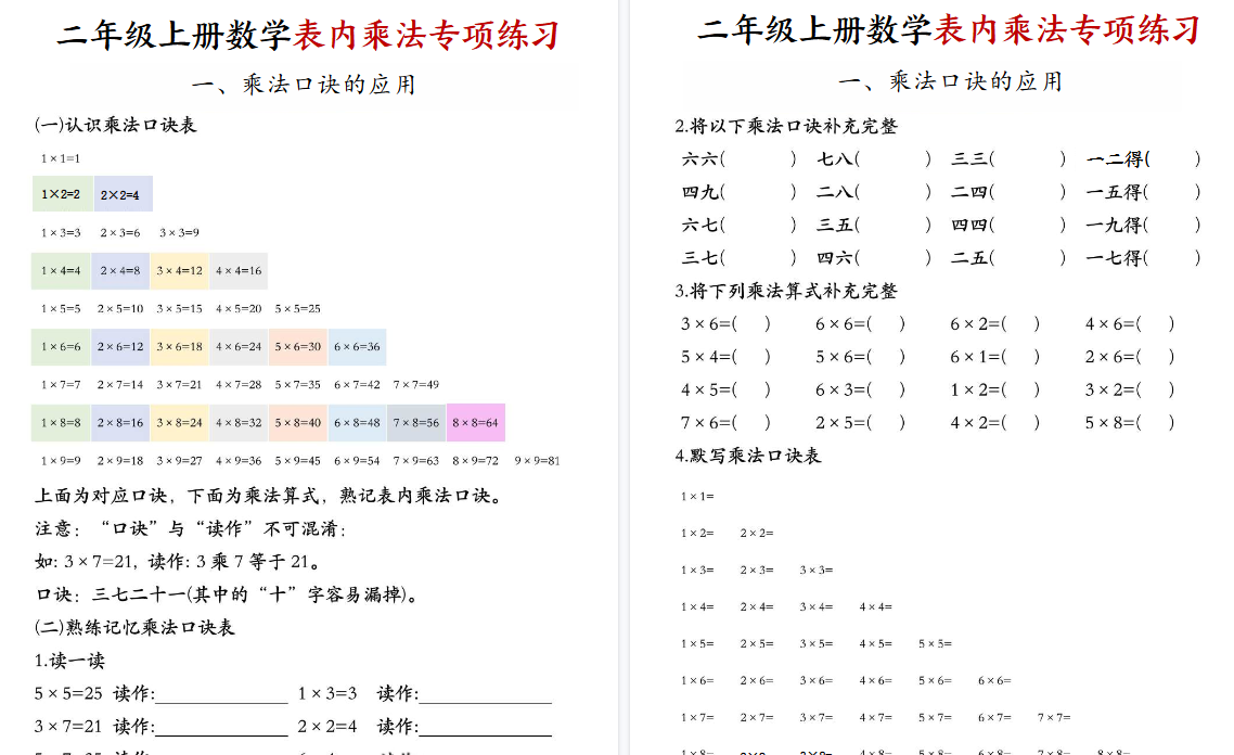 【8页高清完整版】26秋二年级(上)数学表内乘法专项练习