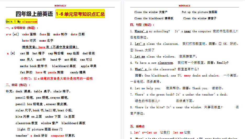 【14页高清完整版】四上【知识点】人教PEP小学四年级上册英语知识点总结