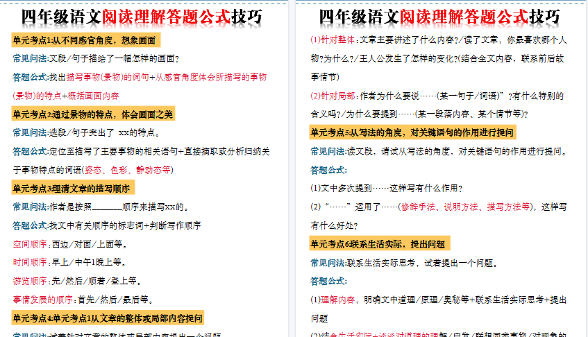【7页高清完整版】四上语文阅读理解答题公式