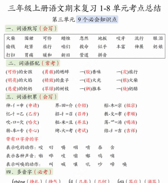 三（上）语文 1-8单元考点总结