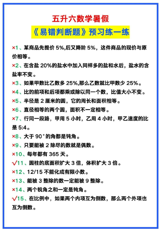 2页！五升六数学暑假《易错判断题》收藏练一练