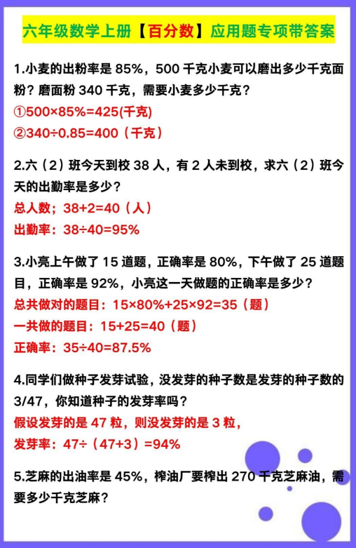 5页！六年级数学上册【百分数】应用题专项带答案
