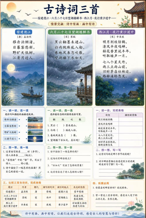 古诗词三首（宿建德江、六月二十七日望湖楼醉书、西江月・夜行黄沙道中）--超彩高清版本