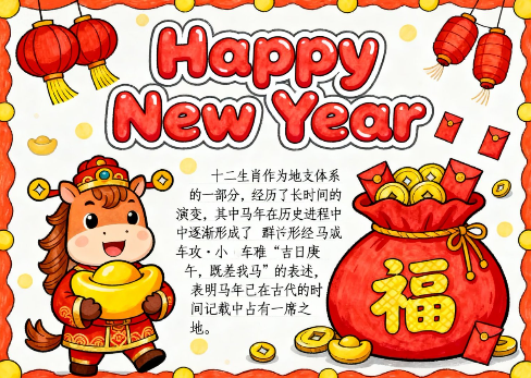 英文版马年新年快乐2026手抄报-高清可直接打印无水印版本