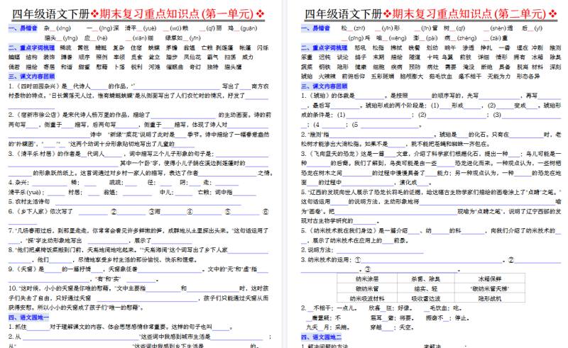 【8页高清完整版】四年级下册语文期末复习重点知识点必背（空白）