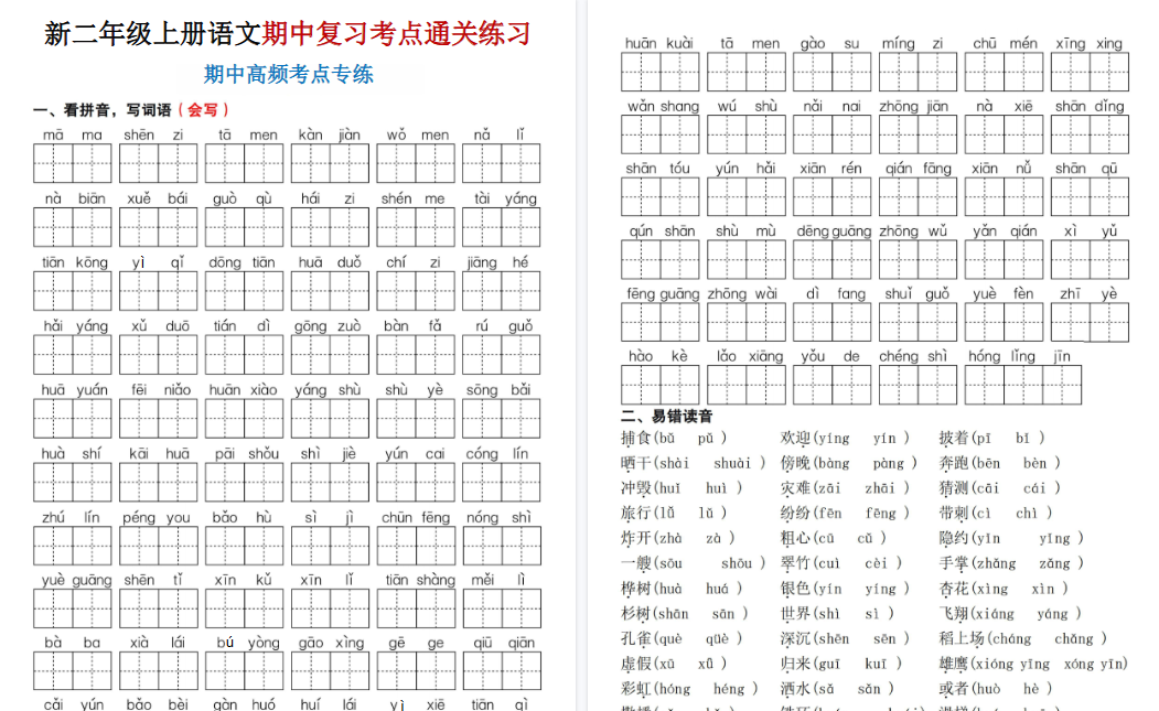 【16页高清完整版】二年级（上）语文期中复习考点通关练习
