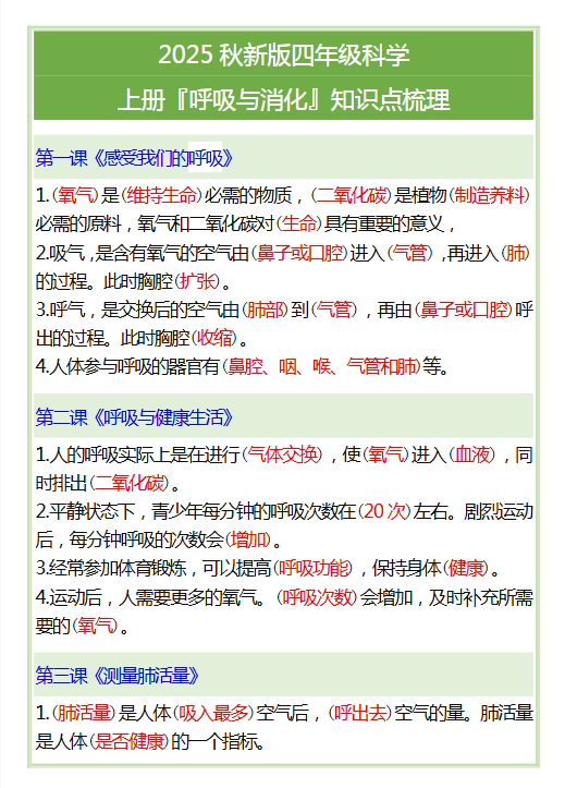 【2025秋新版】四年级科学上册『呼吸与消化』知识点梳理