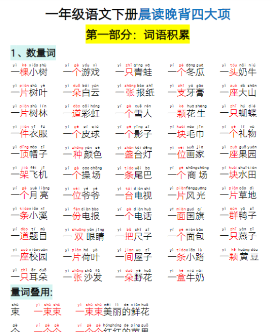 【高清电子版】一年级下语文晨读晚背