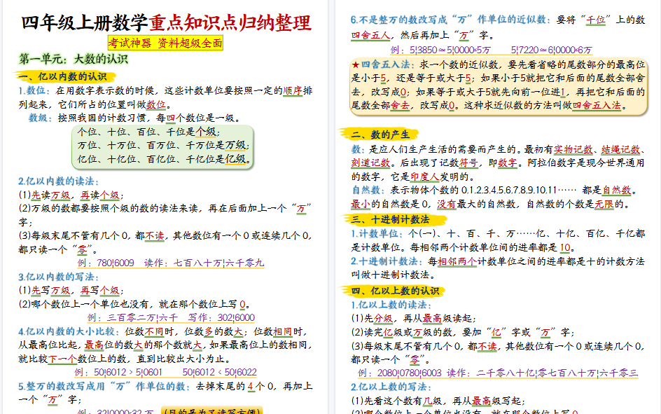 【14页高清完整版】26秋四年级上册数学重点知识点归纳整理