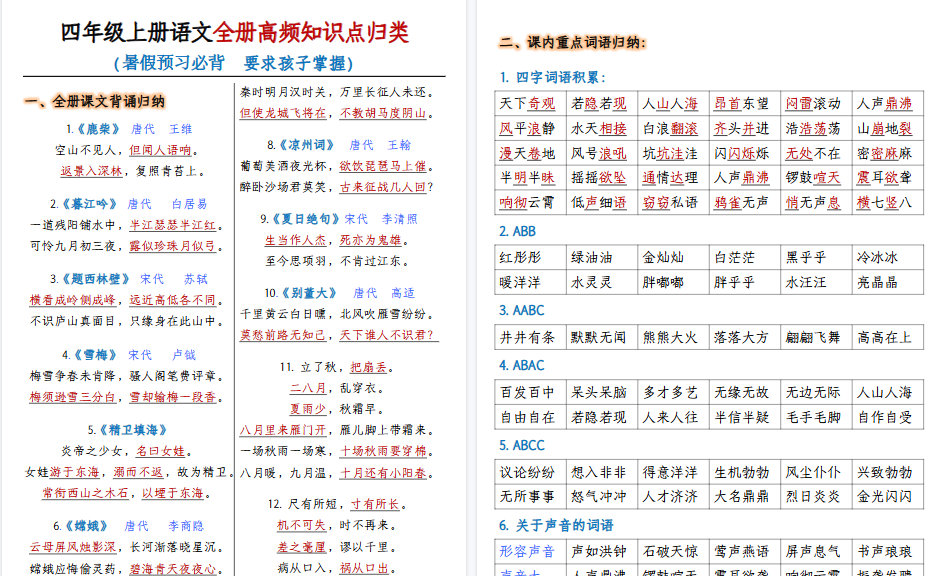 【22页高清完整版】四（上）语文全册高频知识点归纳