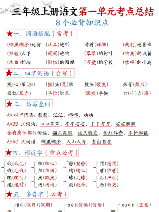 三年级上册语文1-8单元考点默写答案
