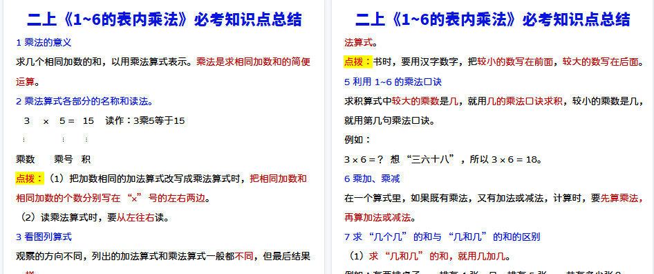 【2页高清完整版】二上数学《表内乘法》知识点