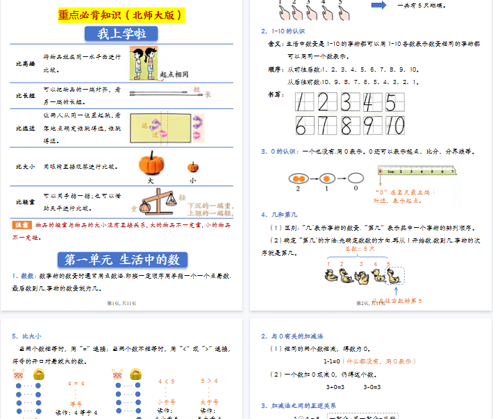 【高清11页整理】一年级上册全册知识点汇总《北师版》