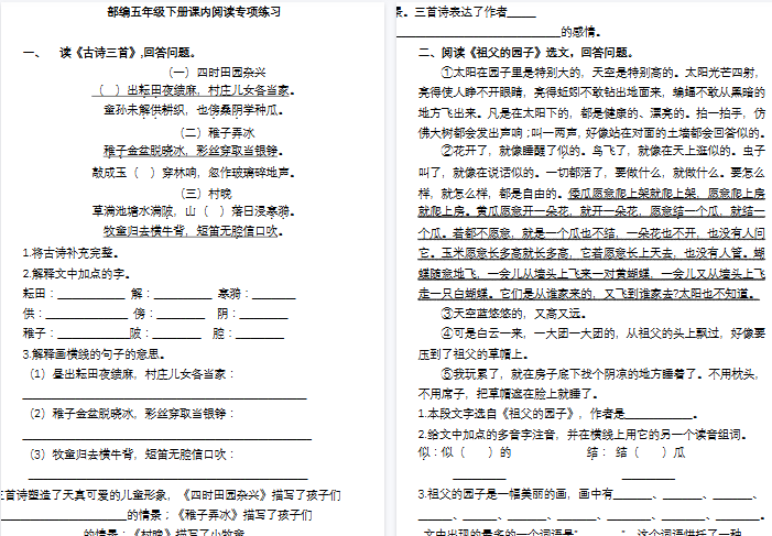 【18页高清完整版】部编版五年级语文下册课内阅读理解专项