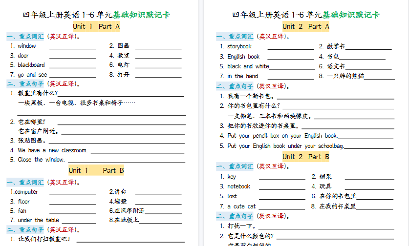 【7页高清完整版】26秋四年级上册英语1-6单元基础知识默记卡(人教版)
