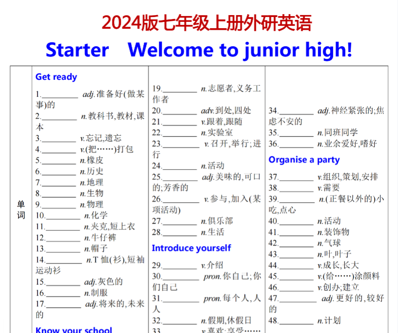 2024版 Starter词句背默