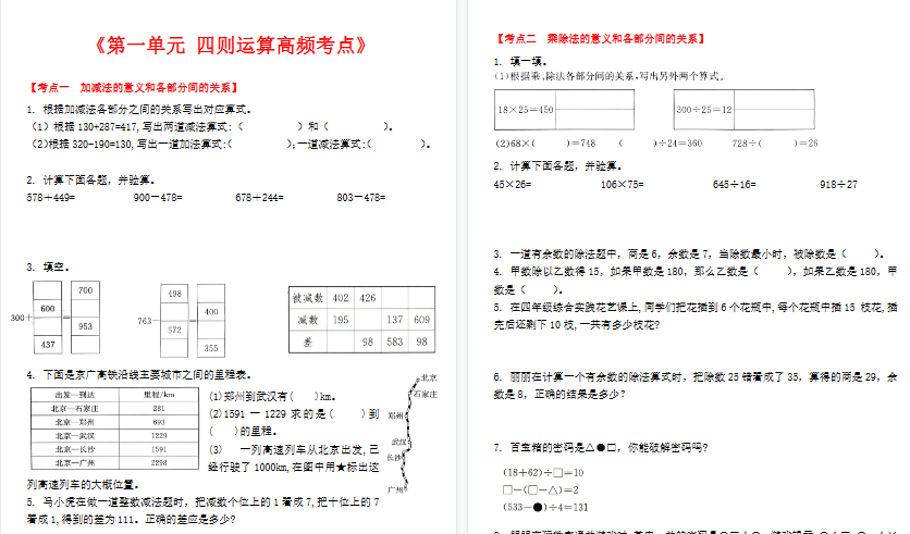 【50页高清完整版】四（下）数学（人教版）1-9单元高频考点-空白版